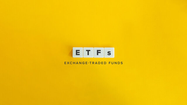 Exchange-traded Funds (ETFs) Banner. Text on Block Letter Tiles and Icon on Flat Background. Minimalist Aesthetics.