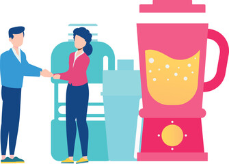 A boy and a girl are making a protein shake.