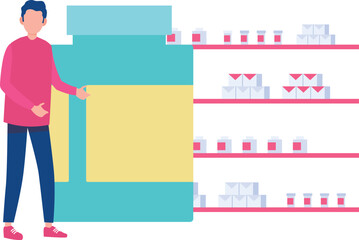 A boy is showing a pills jar.