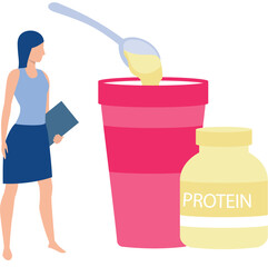 A girl is adding protein powder in the glass.