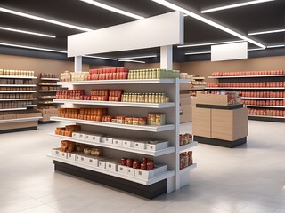 Obraz premium Supermarket Shelves With Blank Banners And POS Display Design. 3D rendering design. 