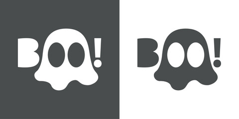 Logo con fantasma para invitaciones y tarjetas de Halloween. Silueta de fantasma con palabra Boo con ojos en lugar de letra O