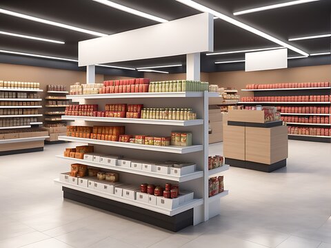  Supermarket Shelves With Blank Banners And POS Display Design. 3D rendering design. 