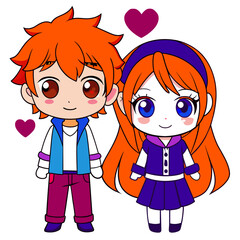cute anime couple in a chibi style, showcasing their love. The boy has messy red hair and is wearing a blue jacket, while the girl has long orange hair tied with a headband 