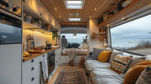kitchen interior in cozy van in the trailer of mobile home or recreational vehicle, concept of family local travel in native country on caravan or camper van and camping life.