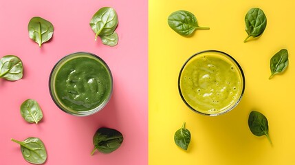 green smoothie on morning yellow and pink background