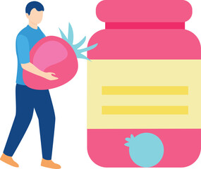 The boy is holding a strawberry.