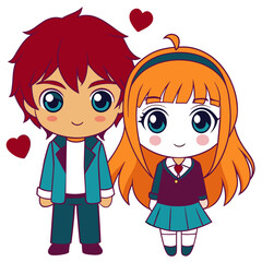 cute anime couple in a chibi style, showcasing their love. The boy has messy red hair and is wearing a blue jacket, while the girl has long orange hair tied with a headband 