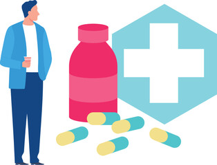 The boy is looking at medicines.