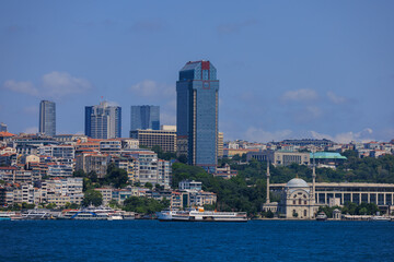 Fototapeta premium Blue seascape overlooking the coast. View of the Bosphorus in Istanbul city on sunny summer day, in a public place.