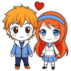 cute anime couple in a chibi style, showcasing their love. The boy has messy red hair and is wearing a blue jacket, while the girl has long orange hair tied with a headband 