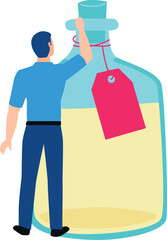 The boy is pointing to the supplement jar.