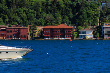 Blue seascape overlooking the coast. View of the Bosphorus in Istanbul city on sunny summer day, in a public place.