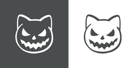 Logo con cabeza de gato para invitaciones y tarjetas de Halloween. Silueta de cabeza de gato con líneas con sonrisa de calabaza de Halloween