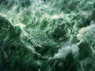 Overhead view of stormy green ocean, waves crashing, raw and intense, dramatic sea texture