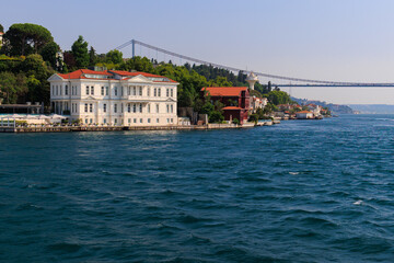Citycape, View of the Bosphorus in Istanbul city on sunny summer day, in a public place.