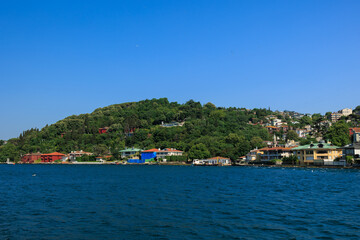 Citycape, View of the Bosphorus in Istanbul city on sunny summer day, in a public place.