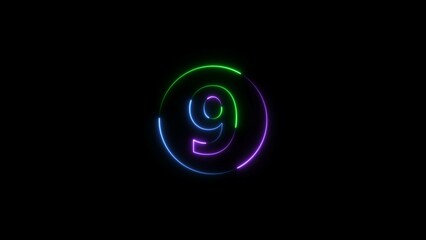  nine number display neon style colorful number illustration. Black background colorful circle 4k illustration.
