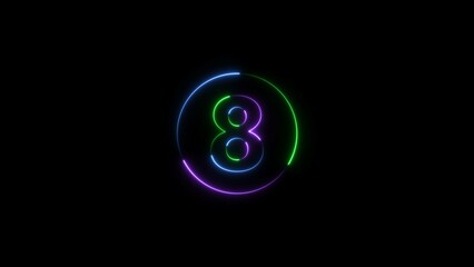  eight number display neon style colorful number illustration. Black background colorful circle 4k illustration.
