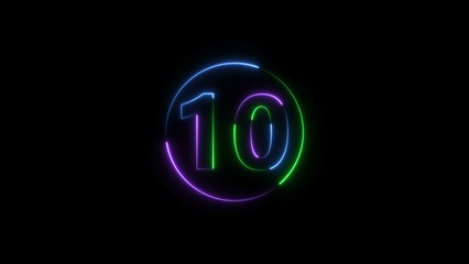 ten number display neon style colorful number illustration. Black background colorful circle 4k illustration.
