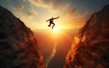 Silhouette of a businessman jumping from the cliff into the sunset