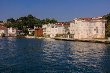 Blue seascape overlooking the coast. View of the Bosphorus in Istanbul city on sunny summer day, in a public place.