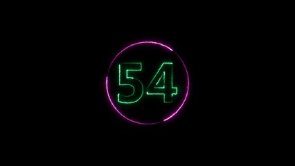 fifty four neon light colorful number illustration. Colorful circle Black background 4k illustration.