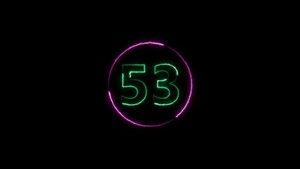 fifty three neon light colorful number illustration. Colorful circle Black background 4k illustration.