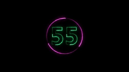 fifty five neon light colorful number illustration. Colorful circle Black background 4k illustration.