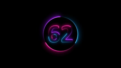 Fototapeta premium sixty two neon light colorful number illustration. Colorful circle Black background 4k illustration.