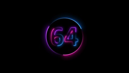 sixty four neon light colorful number illustration. Colorful circle Black background 4k illustration.