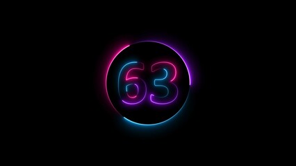 sixty three neon light colorful number illustration. Colorful circle Black background 4k illustration.
