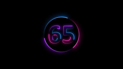 sixty five neon light colorful number illustration. Colorful circle Black background 4k illustration.