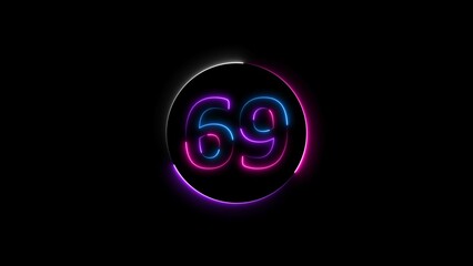 sixty nine neon light colorful number illustration. Colorful circle Black background 4k illustration.