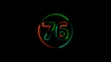 seventy six neon light colorful number illustration. Colorful circle Black background 4k illustration.