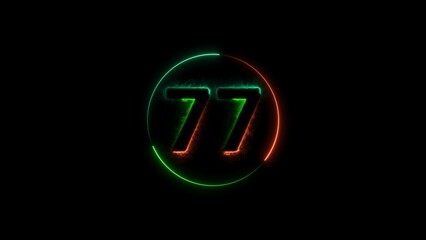 seventy seven neon light colorful number illustration. Colorful circle Black background 4k illustration.