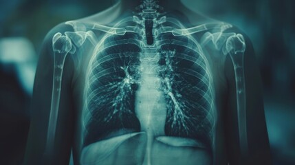 X-ray image of human lungs showing the ribcage, highlighting internal structures and respiratory health.