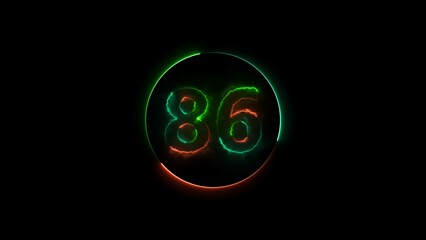 Eighty six neon light colorful number illustration. Colorful circle Black background 4k illustration.