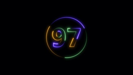  Ninety seven number display neon style colorful number illustration. Black background colorful circle 4k illustration.