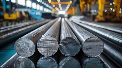 Round steel bars, rows of stacks in a warehouse, metallic sheen, industrial setting, well-lit with natural light