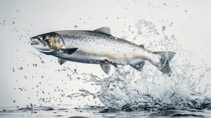 Obraz premium Salmon leaping, close-up view, shimmering scales, isolated, light backdrop, studio lighting, water splashes
