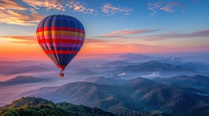 A colorful hot air balloon floats over a stunning mountain landscape at sunrise, with a beautiful sky.