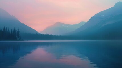 A misty mountain lake at dawn with pastel-colored sky, creating a serene and tranquil natural scene.