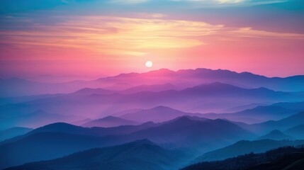 Obraz premium A beautiful sunset with purple and pink hues over a mountain range, creating a serene and picturesque view.