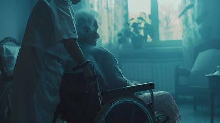 Elderly woman in a wheelchair, assisted by a caregiver in a dimly lit room, symbolizing care and support for the elderly. The scene evokes compassion and attentiveness