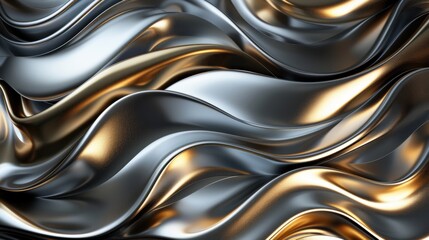 An abstract image of metallic waves with gold and silver highlights, showcasing a sleek and modern design with dynamic movement.