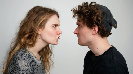 A young couple is arguing, with both angry expressions, white photo studio background, Ai generated Images