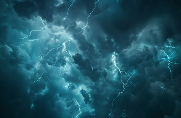 Bright lightning bolts illuminating dark storm clouds. Thunderstorm and nature power concept. Image for weather forecast and climate change awareness. Banner with copy space.