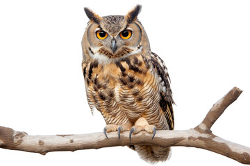 A large owl is perched on a branch, transparency background PNG