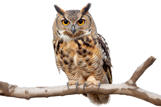 A large owl is perched on a branch, transparency background PNG